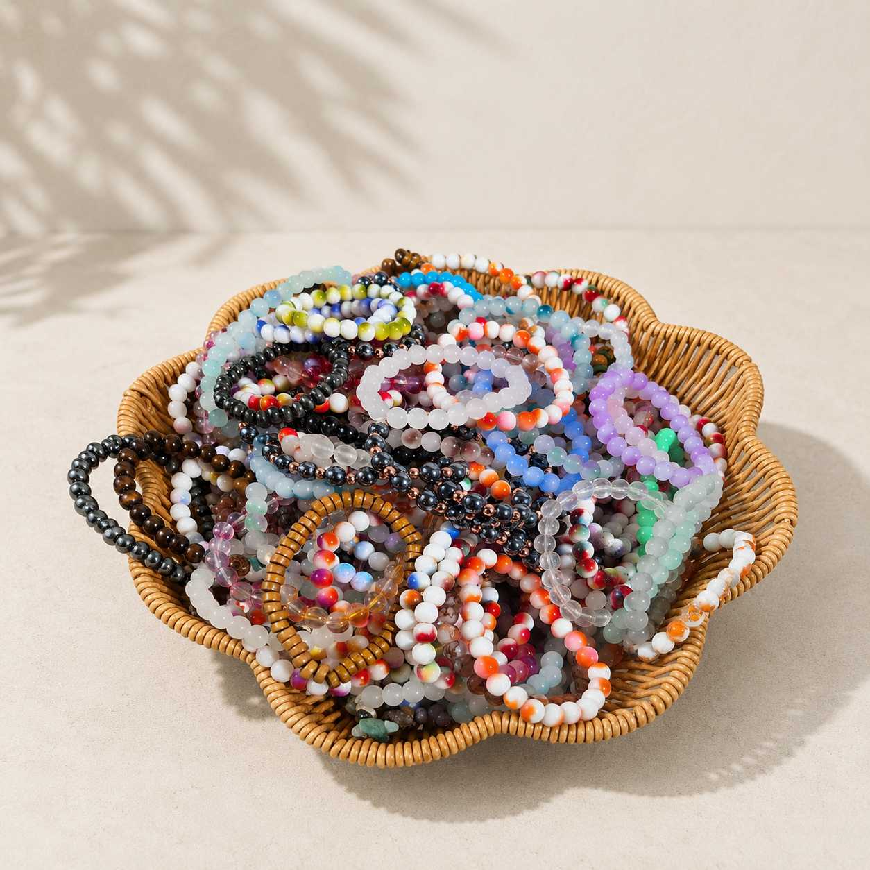 Assorted colorful beaded bracelets displayed in a woven basket