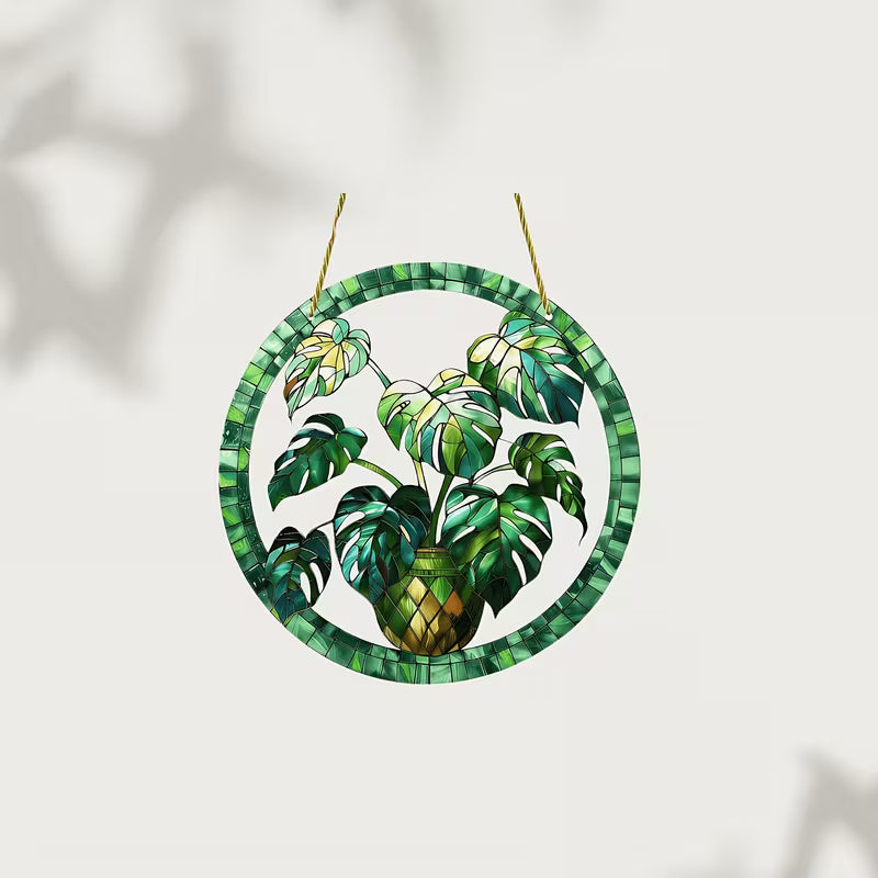 Bohemian Monstera Plant Suncatcher with colorful tropical leaf design