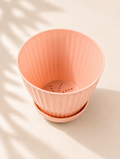 6" Ribbed Plastic Plant Pot with Drainage Saucer - Coral Pink