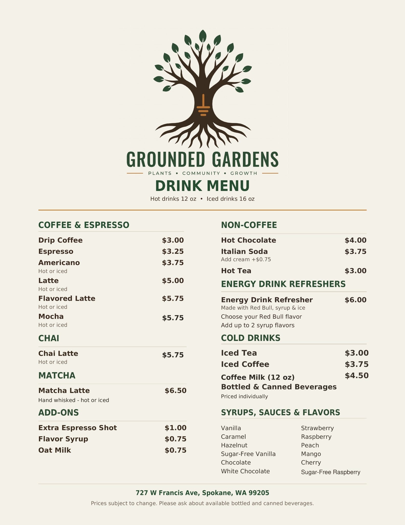 Grounded Gardens café menu