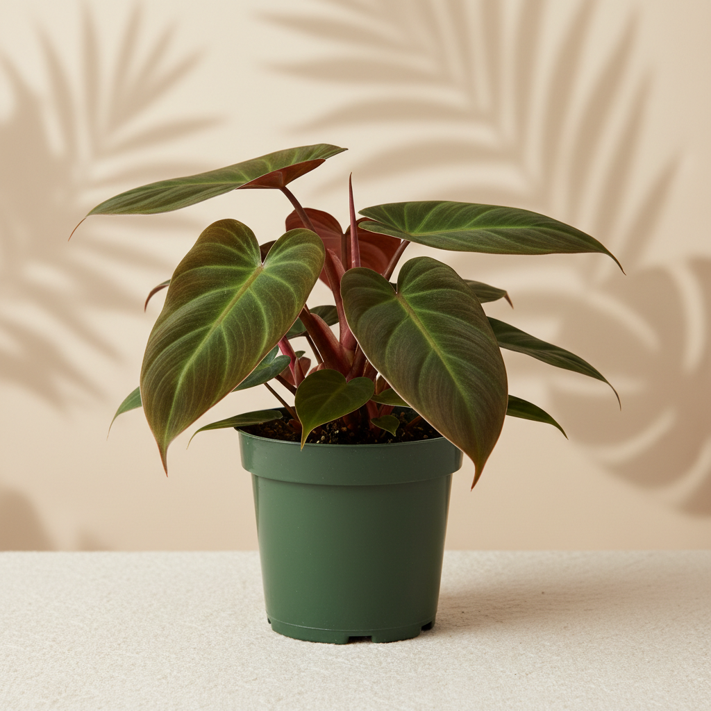 Philodendron El Choco Red 4 inch in a dark green nursery pot