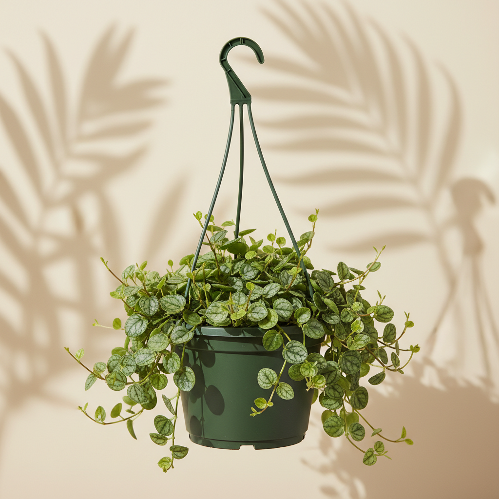 Peperomia String of Turtles 6 inch hanging basket in a dark green nursery pot