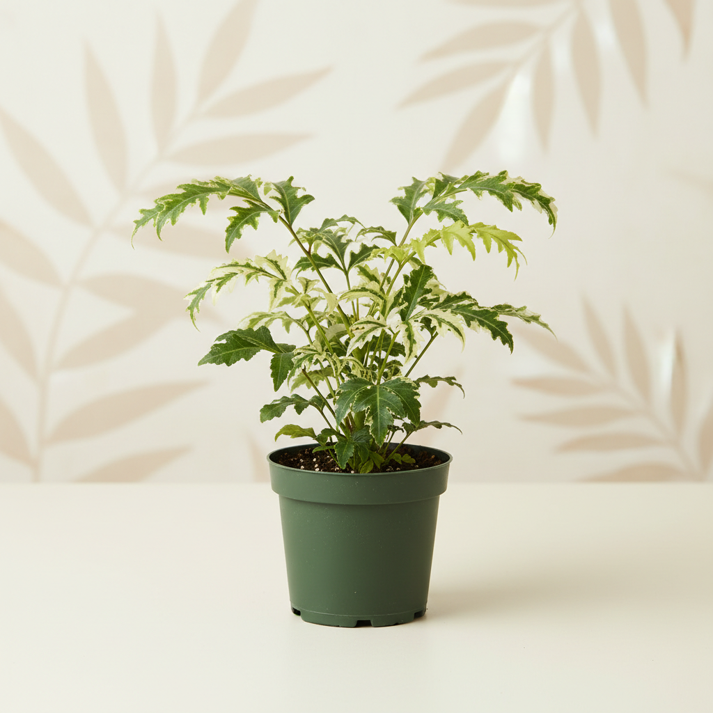 Plerandra Elegantissima False Aralia Variegated 4 inch in a dark green nursery pot