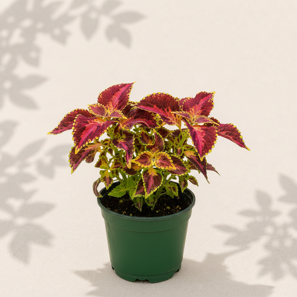 Coleus Rodeo Drive 2 inch starter plant in dark green nursery pot
