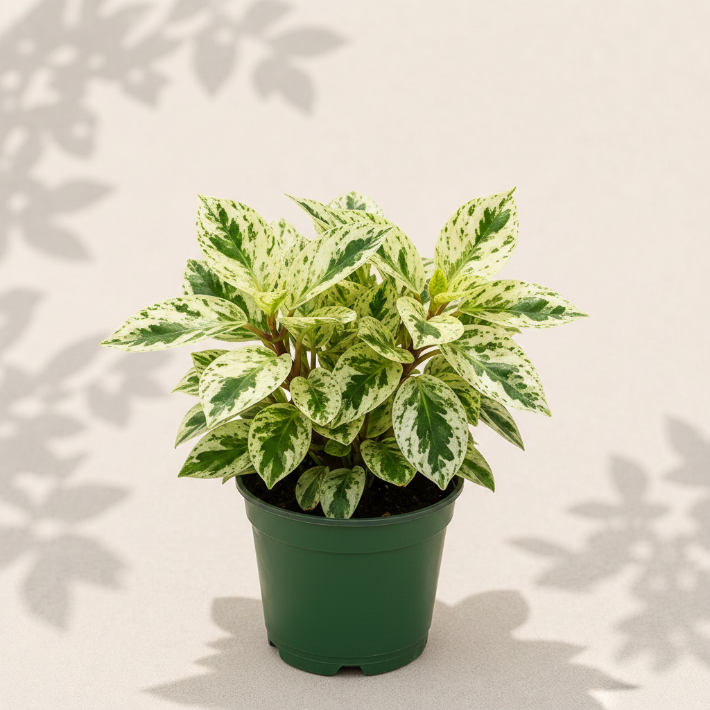 Peperomia Obtusifolia Marble 4 inch houseplant in dark green nursery pot