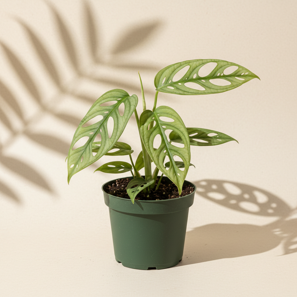 Monstera Siltepecana 2 inch starter plant in a dark green nursery pot