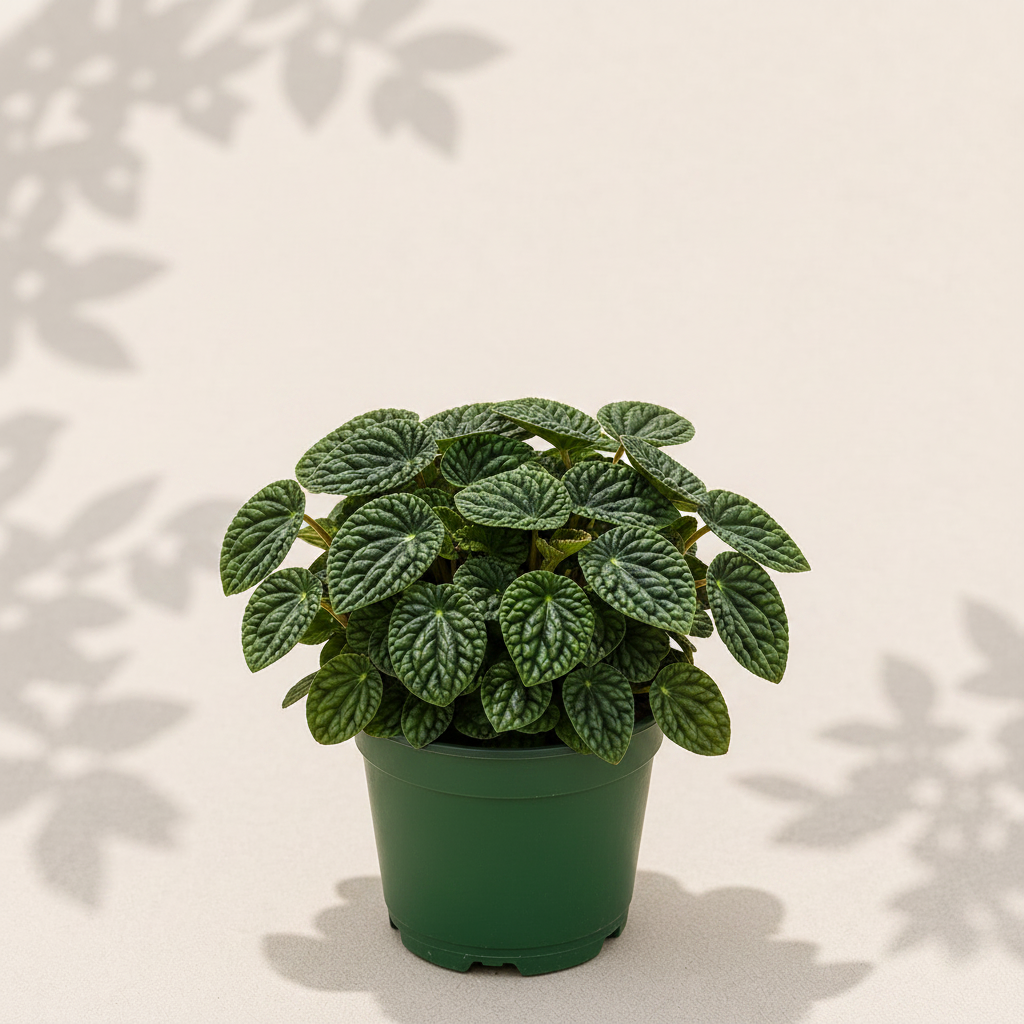 Peperomia Caperata Milano 4 inch houseplant in dark green nursery pot