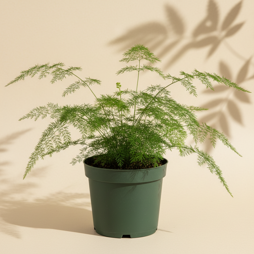 Asparagus setaceus Plumosa Fern 4 inch in a dark green nursery pot