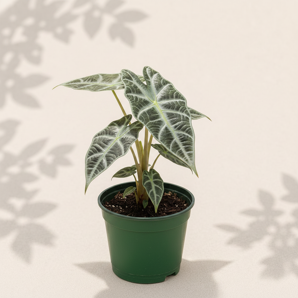 Alocasia Maharani 3 inch starter plant in dark green nursery pot