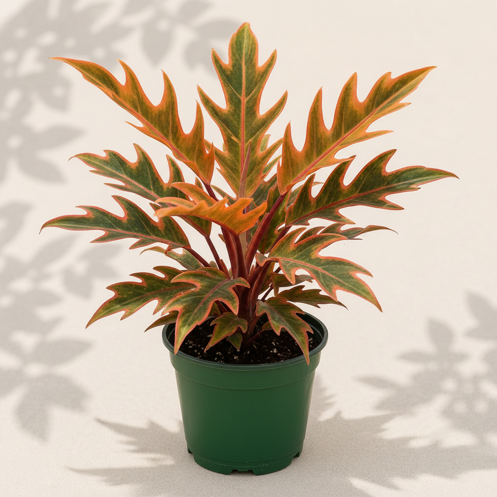 Philodendron Ring of Fire 4 inch houseplant in dark green nursery pot