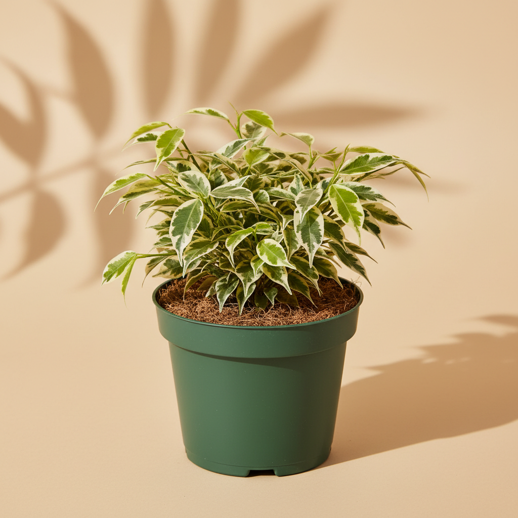 Ficus Benjamina Weeping Fig Variegated 4 inch in a dark green nursery pot