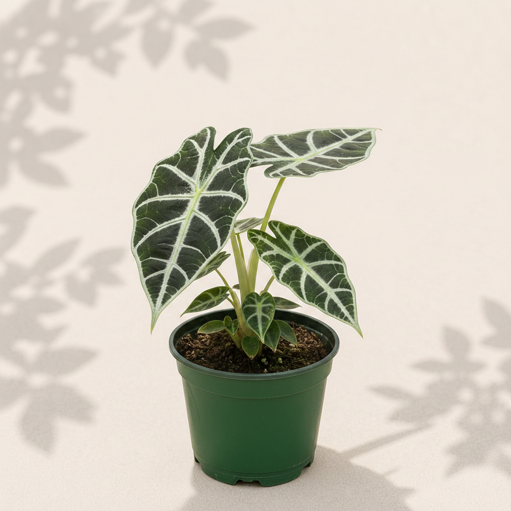 Alocasia Polly 3 inch starter plant in dark green nursery pot