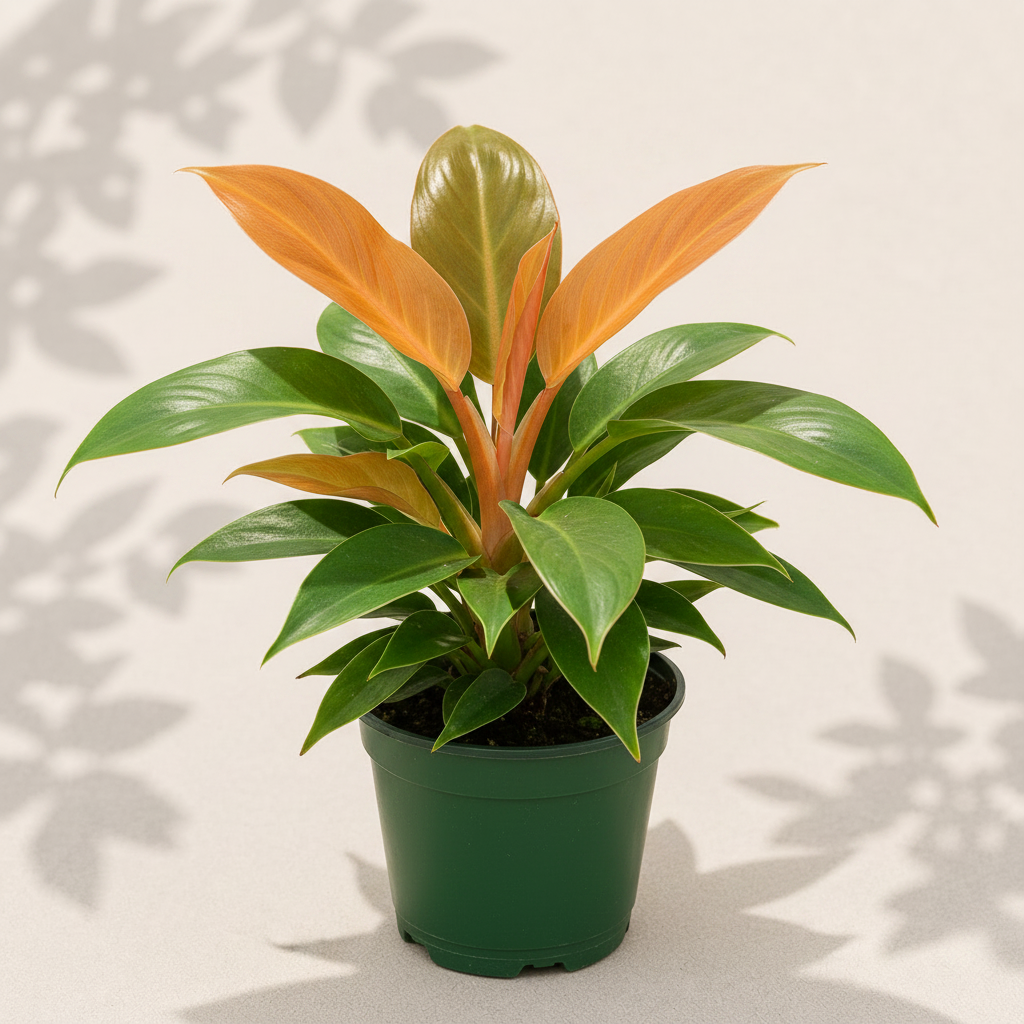 Philodendron Prince of Orange 4 inch houseplant in dark green nursery pot