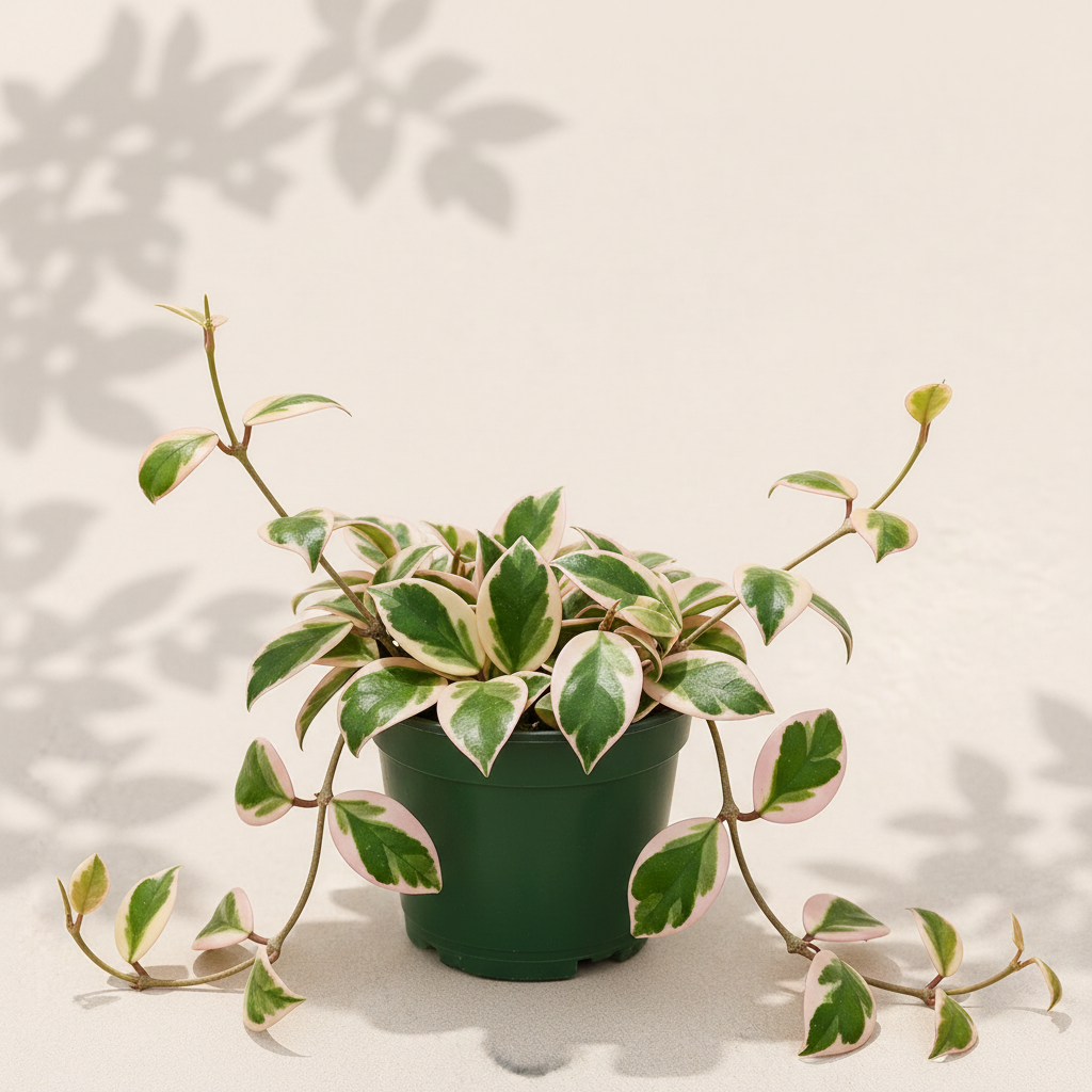 Hoya Carnosa Krimson Queen Tricolor 4 inch houseplant in dark green nursery pot