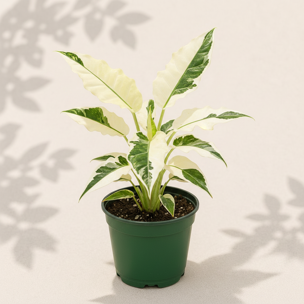 Alocasia Variegated Gageana 6 inch houseplant in dark green nursery pot