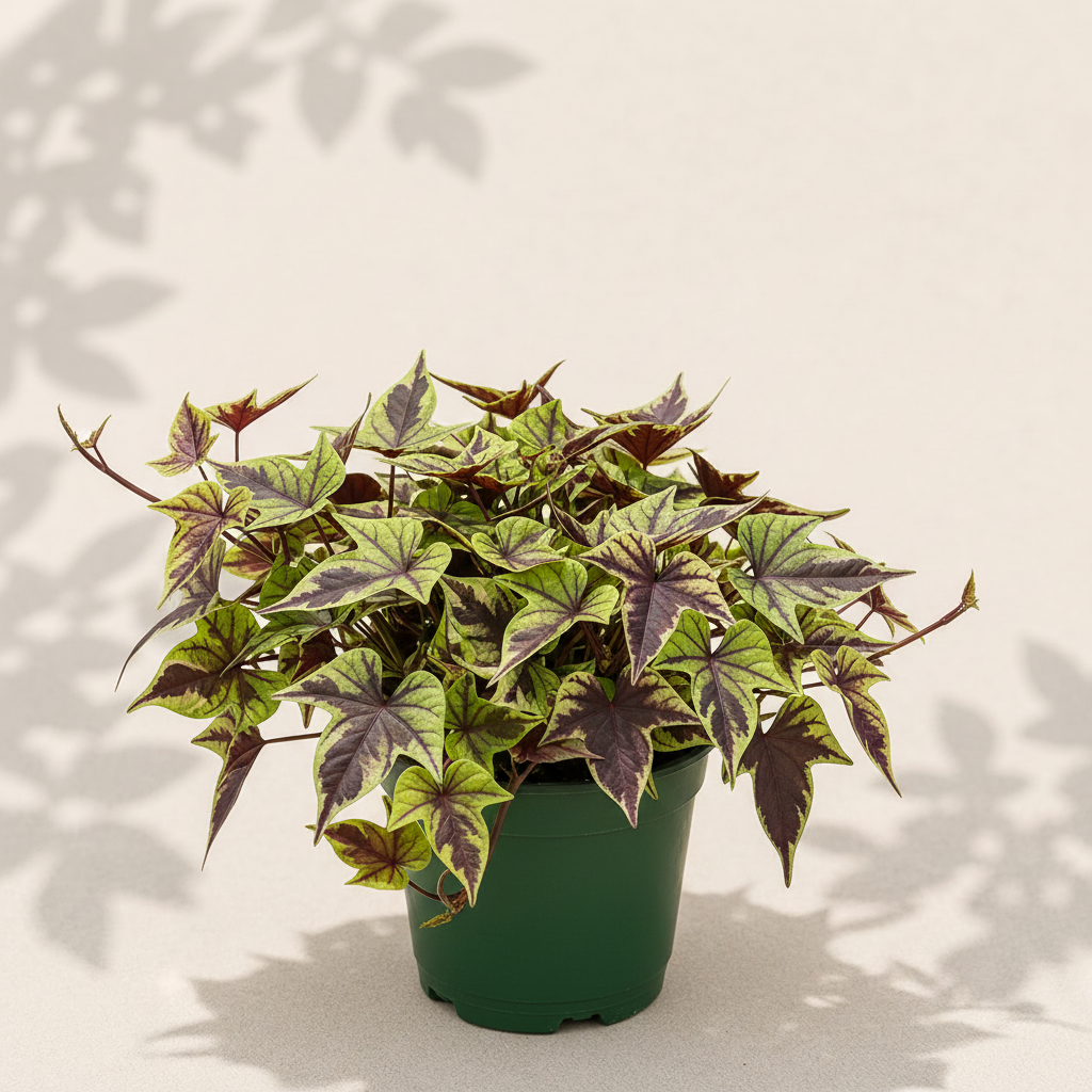 Ipomoea Batatas Shadowstorm Variegated Sweet Potato Vine 6 inch in dark green nursery pot