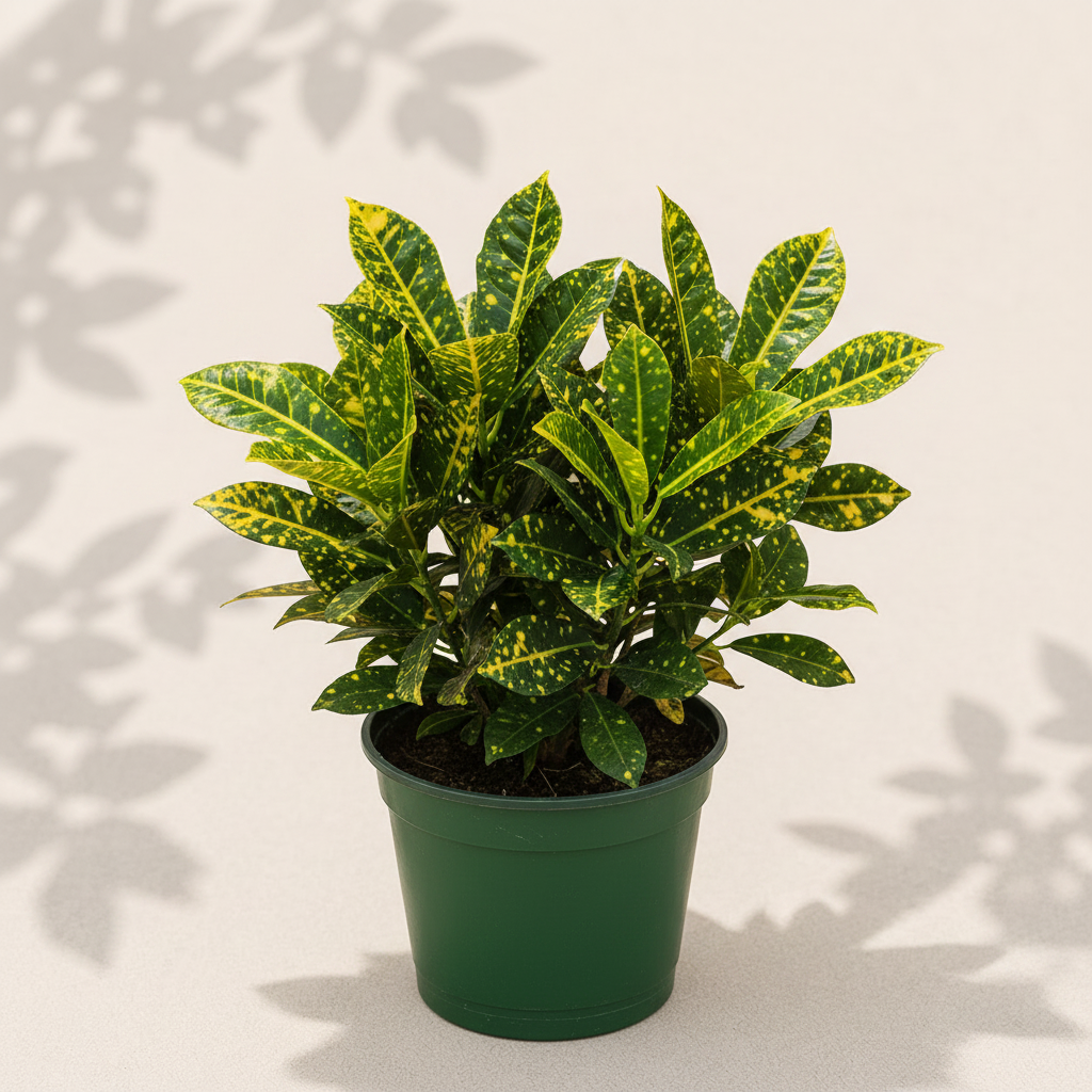 Croton Gold Dust 4 inch houseplant in dark green nursery pot