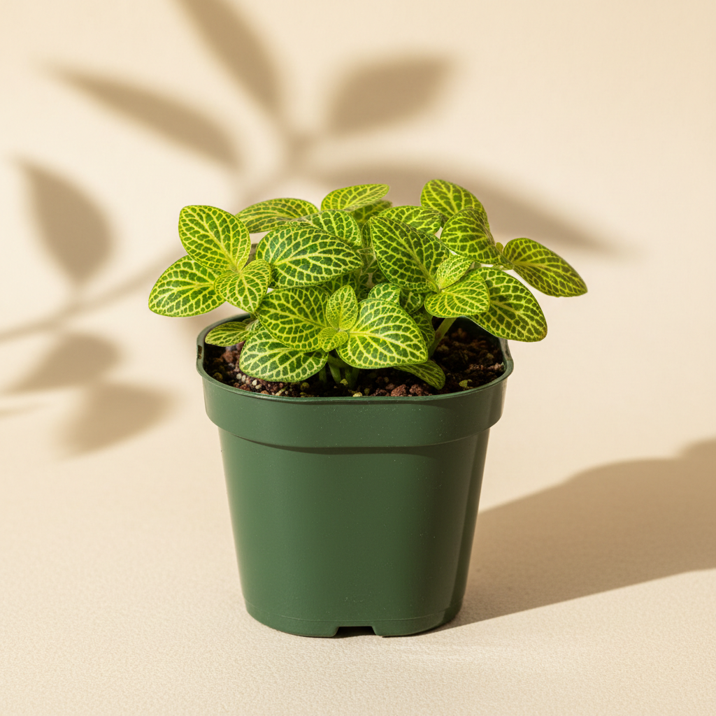 Fittonia Joly Lemon Nerve Plant 2 inch in a dark green nursery pot