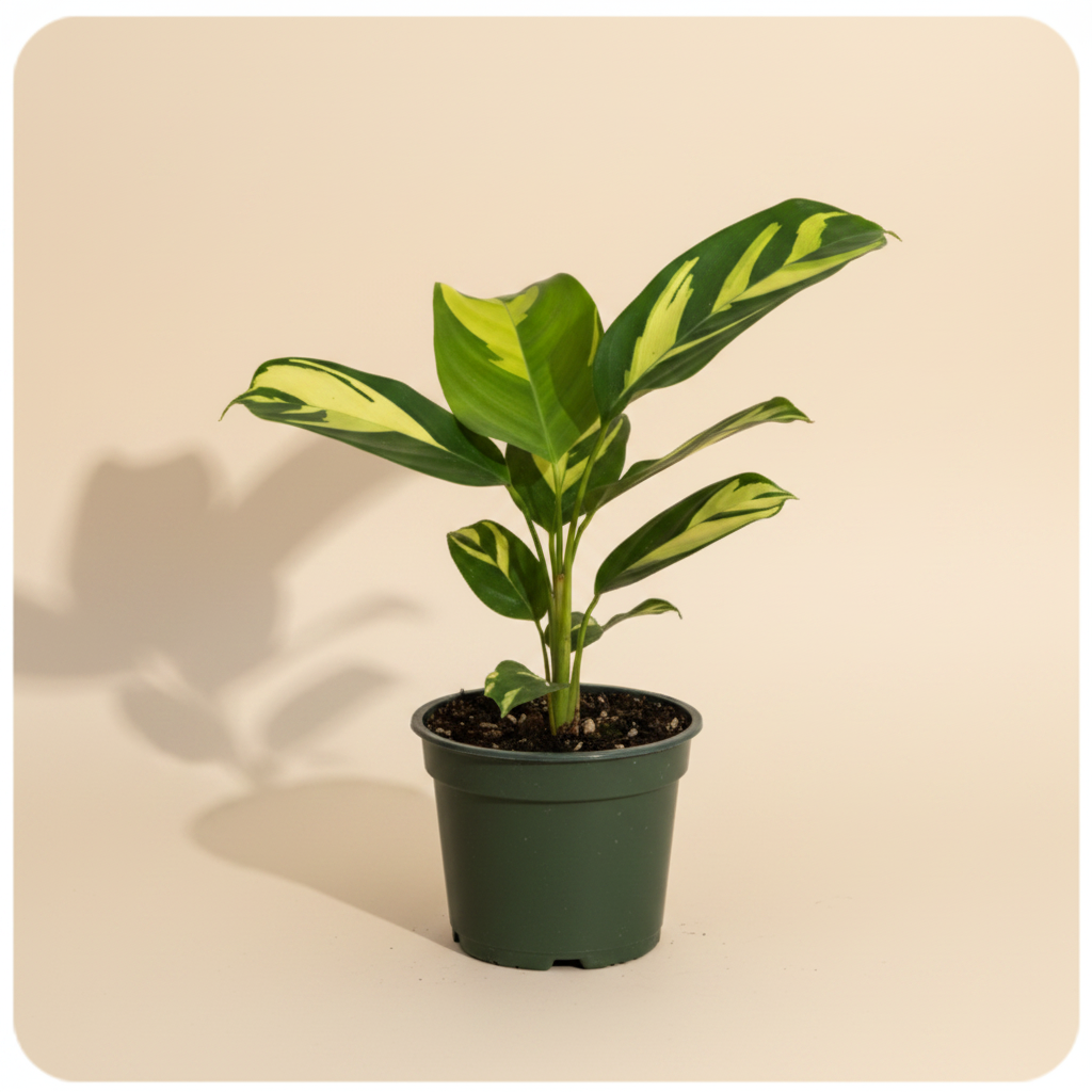 Ctenanthe Golden Mosaic in a dark green nursery pot with golden yellow and green variegated leaves