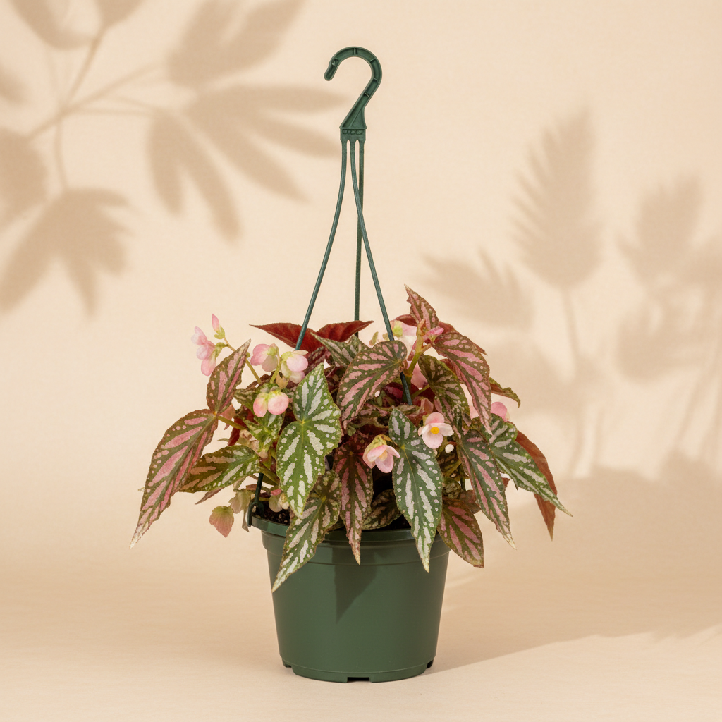 Begonia Pink Spot 6 inch hanging basket in a dark green nursery pot