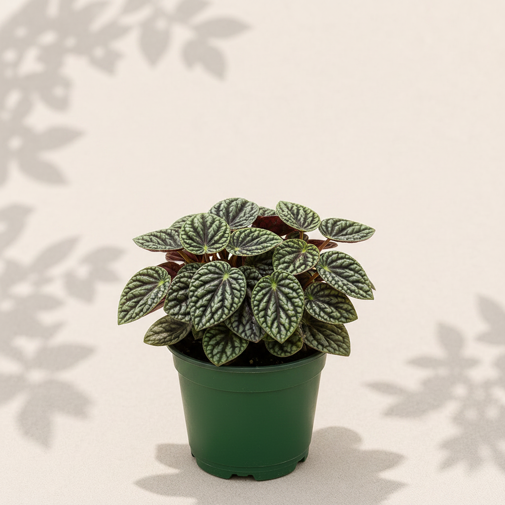 Peperomia Caperata Montevideo 4 inch houseplant in dark green nursery pot