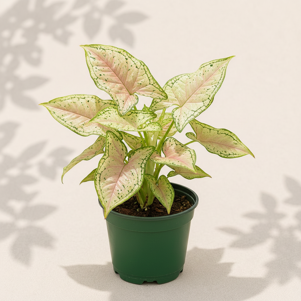 Syngonium Milk Confetti 4 inch houseplant in dark green nursery pot