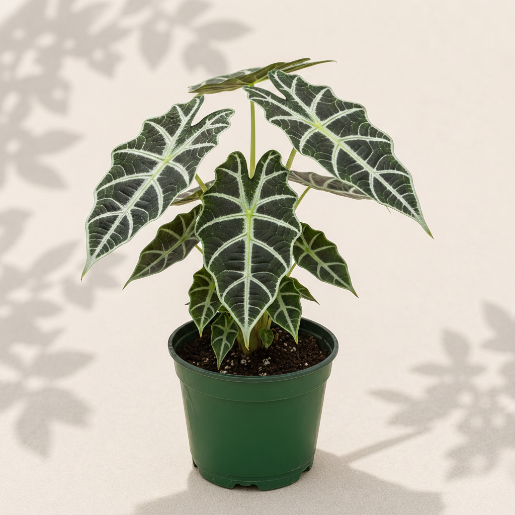 Alocasia Polly 6 inch houseplant in dark green nursery pot