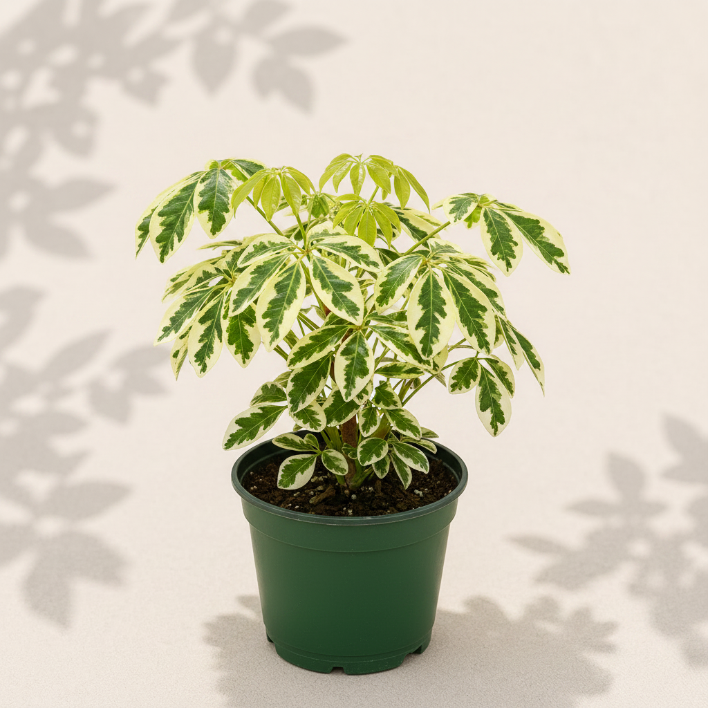 Schefflera Trinette Dwarf Umbrella Tree 6 inch houseplant in dark green nursery pot