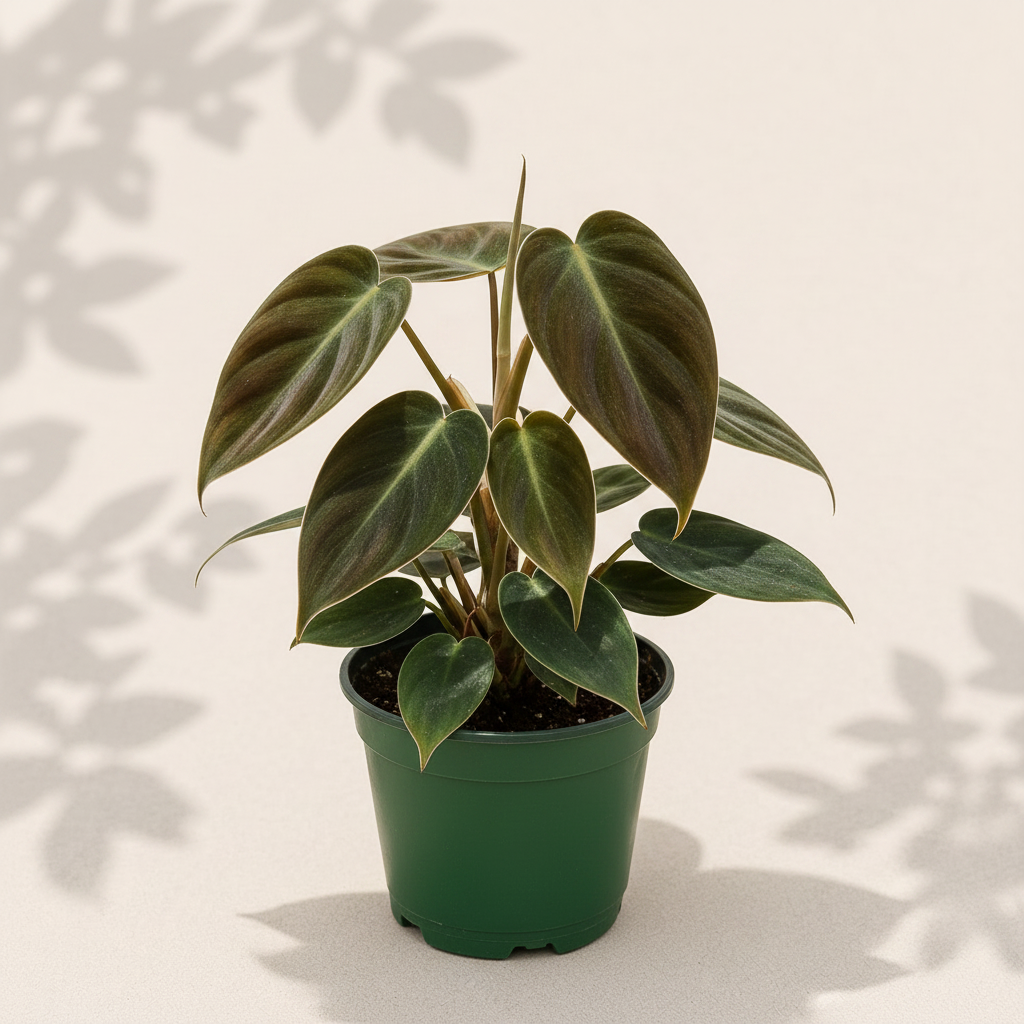 Philodendron Micans Black Gold 4 inch houseplant in dark green nursery pot