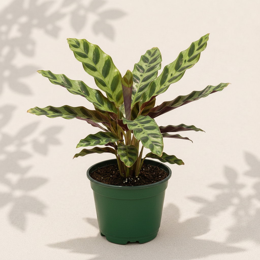 Calathea Lancifolia Rattlesnake 4 inch houseplant in dark green nursery pot