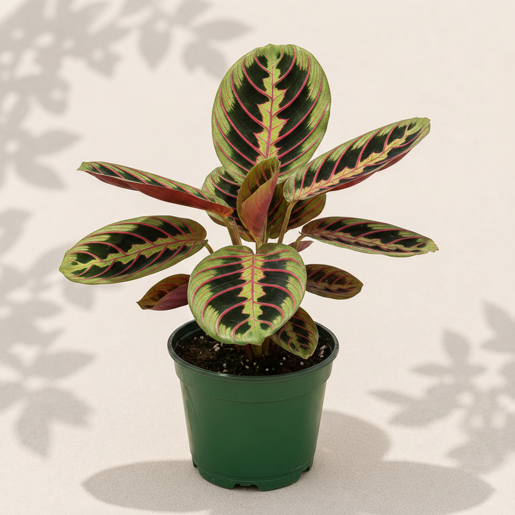 Maranta Red Prayer Plant 4 inch houseplant in dark green nursery pot