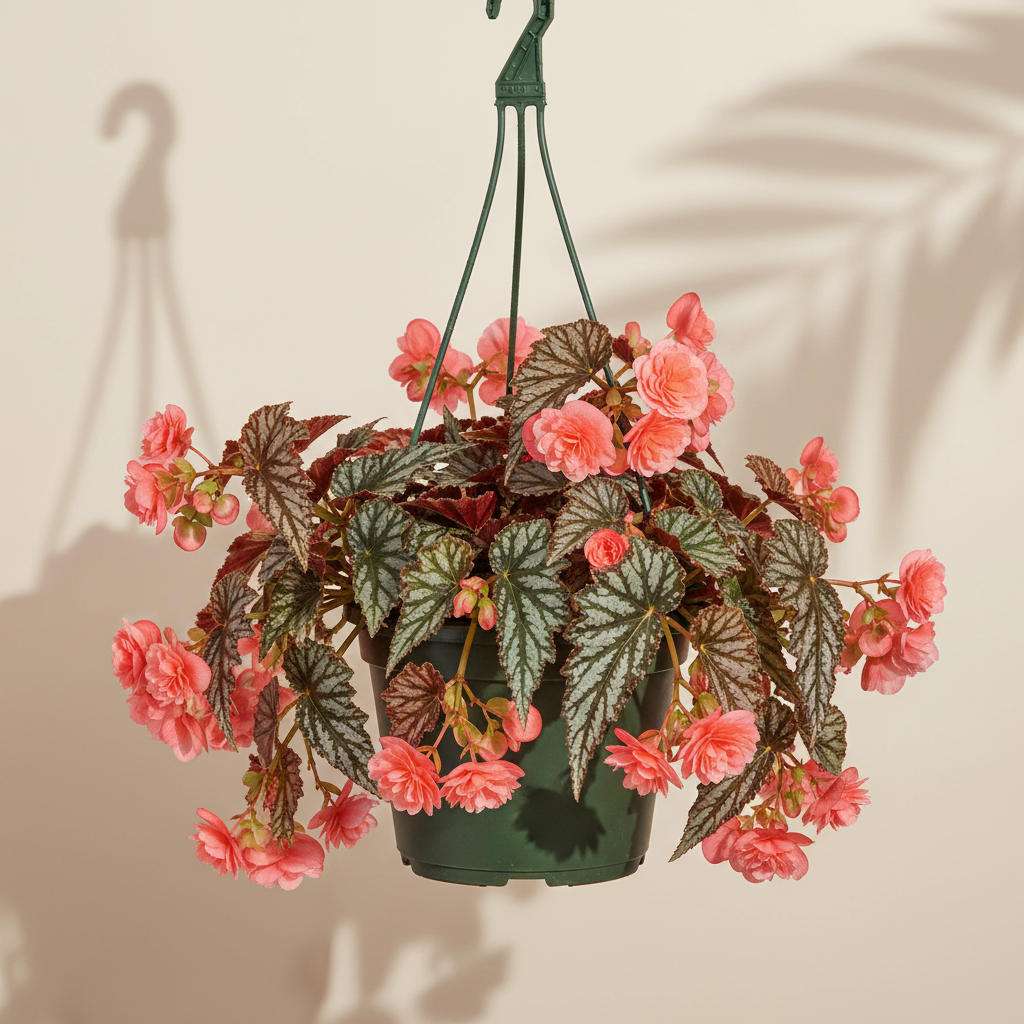 Begonia Lois Burke 6 inch hanging basket in a dark green nursery pot