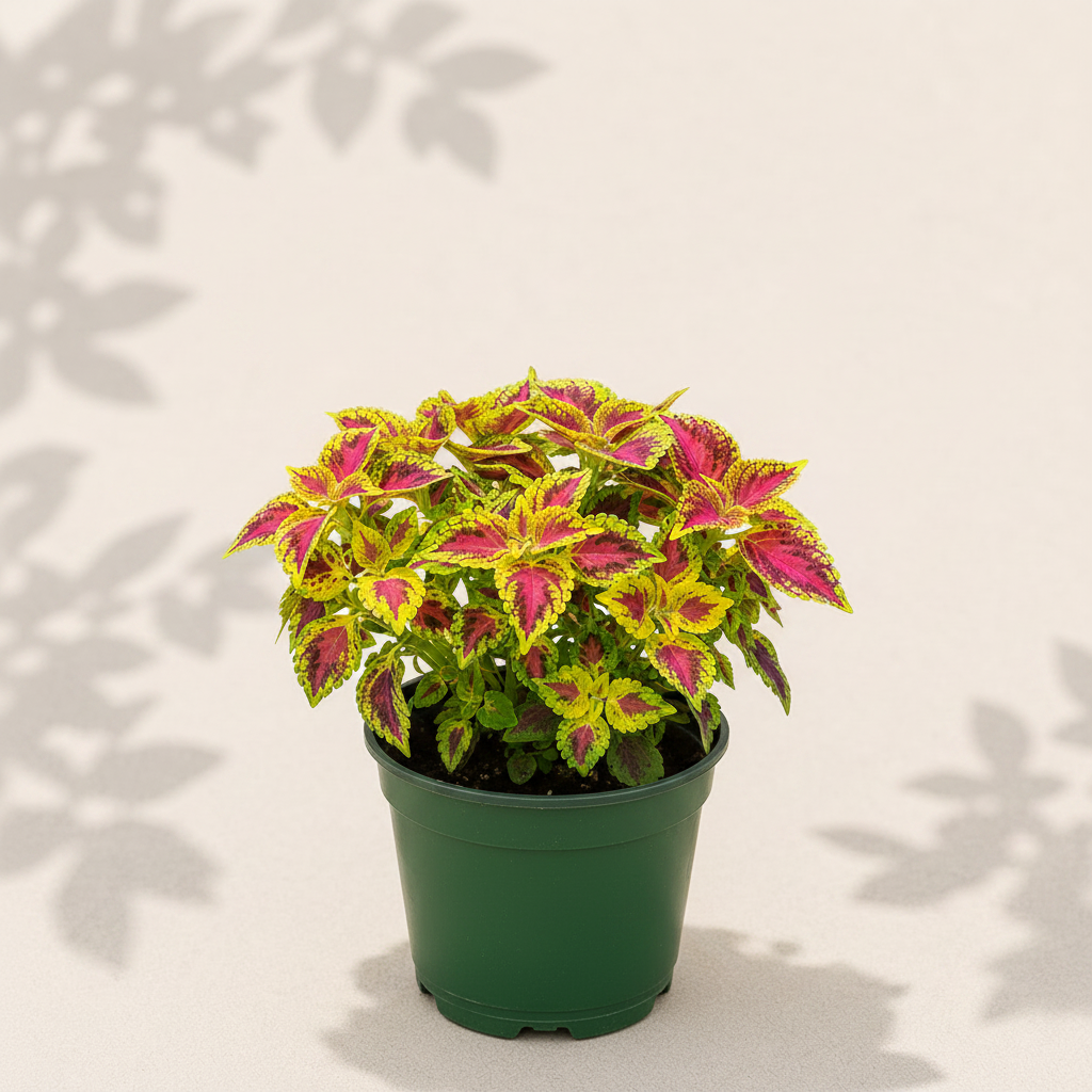 Coleus Vegas Neon 2 inch starter plant in dark green nursery pot