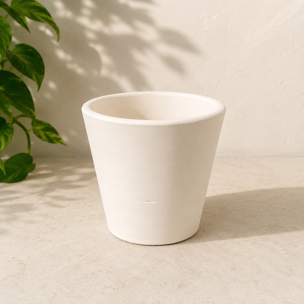 4 inch white Vietnamese terracotta cone planter with a tapered handmade clay shape on a neutral stone surface